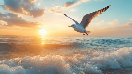 Fototapeta premium Seagull Sunset Flight Ocean Waves.