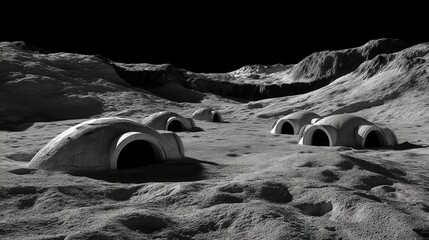 Lunar settlements nestled among lunar mountains.