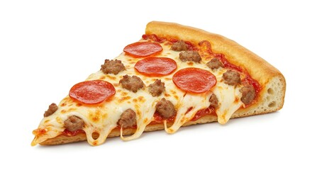 Appetizing pizza slice with a golden crust, generously topped with melted cheese, savory pepperoni slices, and flavorful sausage.