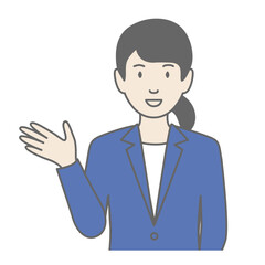 スーツを着た女性が「こちらです」と案内しているイラスト