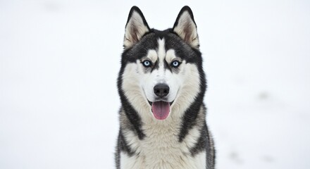 Obraz premium Portrait of a dog with striking blue eyes and black and white fur, captured against a snowy background, showcasing its charming expression.
