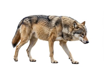 Fototapeta premium A wolf with brown and gray fur walking on a white background in a studio shot looking down alert