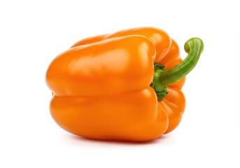 A single orange bell pepper with a green stem isolated on a white background in a studio shot