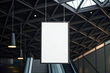 Blank vertical poster hanging in a modern building with geometric ceiling and escalators in the background.