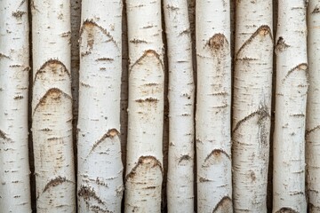 Obraz premium Close-up view of a wall constructed from birch logs.