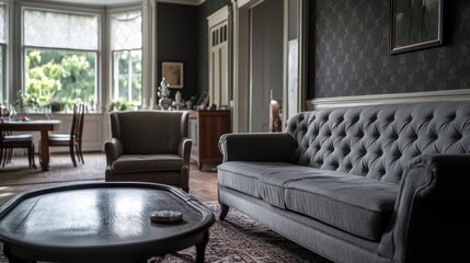 Elegant Victorian living room, sunlight, antique furniture, home decor, interior design