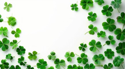 Fototapeta premium scattered green clover leaves arranged in a border shape on a white background conveying freshness and natural simplicity