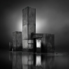 Abstract concrete structures reflecting in still water