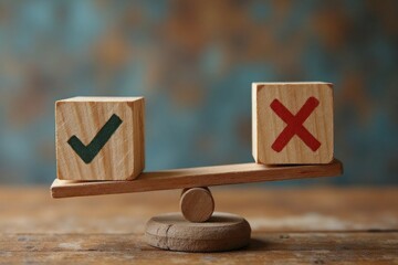 Wooden blocks representing right and wrong balanced on a seesaw.
