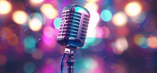 close-up of a retro-style microphone with colorful bokeh lights in the background creating a lively and vibrant atmosphere