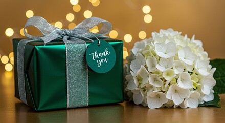 A beautifully wrapped green gift with a silver ribbon and a Thank You tag, accompanied by a bouquet of white hydrangeas, set against bokeh lights.