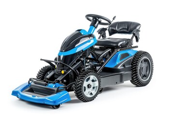 A compact blue and black ride-on lawn mower designed for efficient grass cutting. on white background