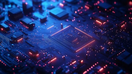 Close-Up of Blue Circuit Board with Glowing Components
