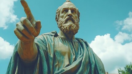 Obraz premium Bronze statue, pointing finger, sky background