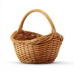 Wicker woven basket with handle on white background