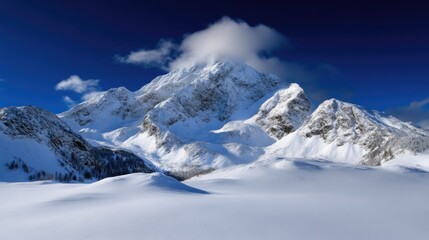 Snowy mountain peaks against a vibrant blue sky.  Vast expanse of white snow blankets the landscape, with dramatic mountain ridges and a majestic summit