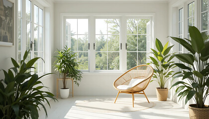Minimalist sunny room with wicker chair, stark white walls, and vibrant indoor plants