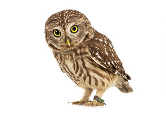 Naklejka premium A little owl standing on a white background looking at the camera with bright yellow eyes and brown feathers