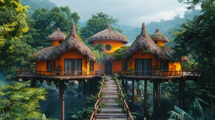 Fototapeta premium Enchanting tropical treehouse resort nestled within a lush jungle environment