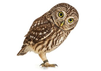 Naklejka premium A little owl standing on a white background looking at the camera with its yellow eyes and brown feathers