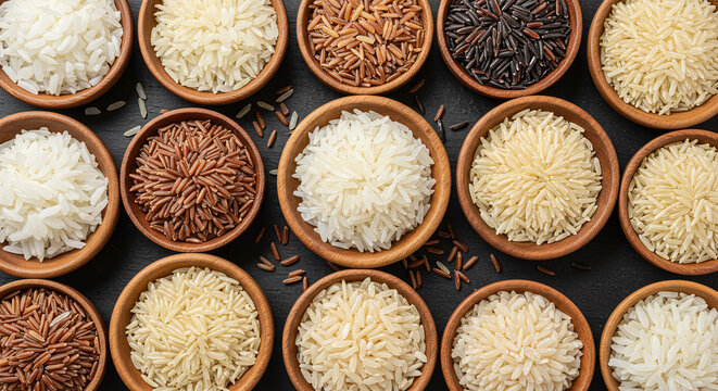 Different types of rice grains in wooden bowls for rice dishes and rice recipes