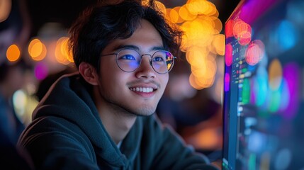 Focused young man reviewing data on computer at night