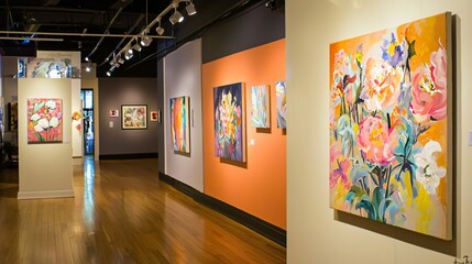 A room adorned with colorful paintings on the walls featuring an abstract installation that creates a vibrant and engaging artistic atmosphere