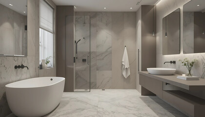 Elegant minimalist bathroom with terrazzo floors, muted fixtures, and soft neutral hues