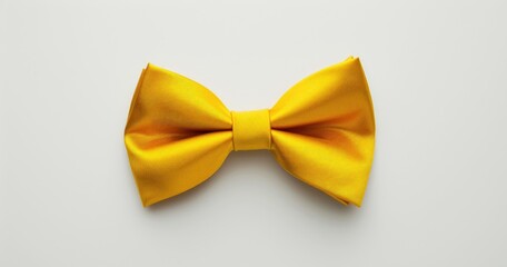 A bright yellow bow tie displayed on white background, showcasing its elegant design.
