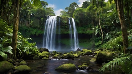 Majestic waterfall in lush jungle