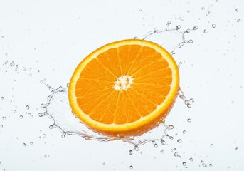 A vibrant orange slice surrounded by splashing water droplets on a clean white background scene view