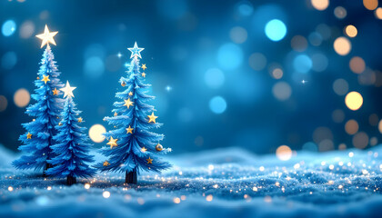 Obraz premium Magical Blue Christmas Scene with Decorated Trees and Golden Starry Lights – Festive Winter Holiday Design with Copy Space for Text on a Dreamy Blue Background