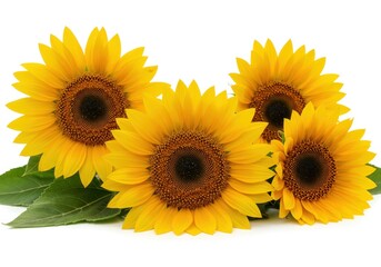 Obraz premium A group of four sunflowers with yellow petals and brown centers on a white background surface view
