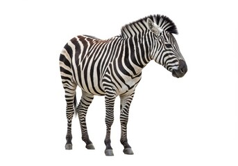 Fototapeta premium A zebra standing in a white background showcasing its black and white stripes and unique pattern design