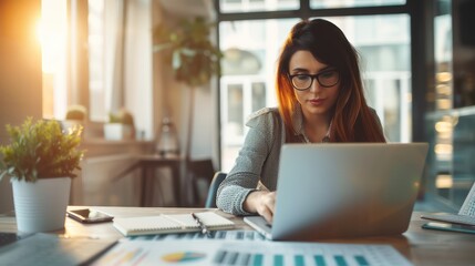 A female accountant working on a laptop in a modern office space, with graphs and charts displayed on the screen.