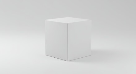 A minimalist white cube on a white surface in a simple studio setting with soft lighting effect present