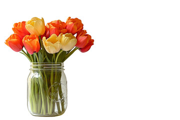 Bright and Vibrant Tulips in a Clear Glass Jar on a White Background Perfect for Spring Decor and Floral Arrangements for Any Occasion
