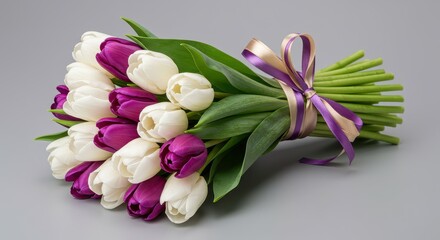 A bouquet of white and purple tulips tied with a ribbon on a gray background in a studio setting