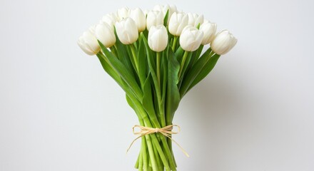 Fototapeta premium A bunch of white tulips tied with a raffia bow on a white background in a studio setting view from above