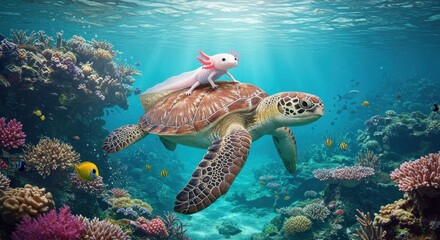 Obraz premium An Amphibian Rides a Marine Reptile in a Colorful Coral Reef