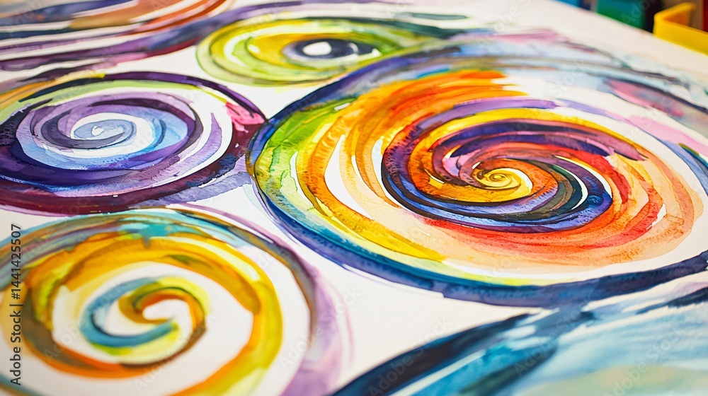 Poster an artistic painting displaying a colorful abstract design with spirals and curves that create a pla