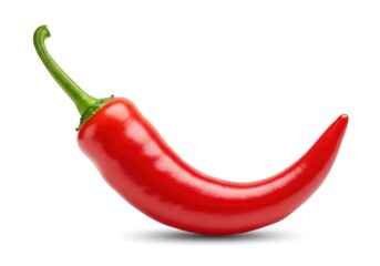 A vibrant red chili pepper with a green stem isolated on a clean white background in sharp focus