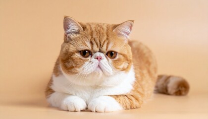 マットな背景で穏やかにリラックスするエキゾチックショートヘア。丸い顔と小さな耳が特徴的で、表情が魅力的なクローズアップ

