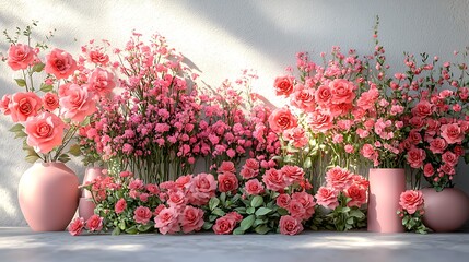 Naklejka premium Pink Roses and Small Flowers Displayed Against White Wall