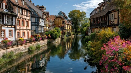 Obraz premium European city canal scene with colorful buildings.