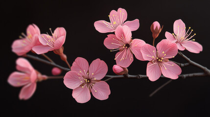 Pink cherry blossoms in full bloom on dark background create striking contrast, highlighting their delicate petals and vibrant color. image captures essence of spring and renewal