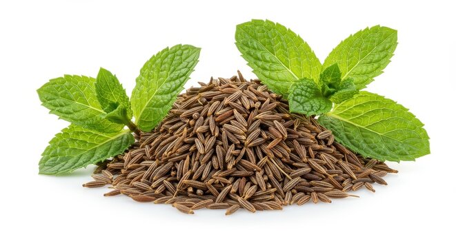 Pile of cumin seeds with fresh green mint leaves on a white background in a studio setting