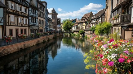 Obraz premium Charming European canal town under a sunny sky.