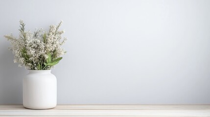 Simple vase with white flowers on light wood shelf
