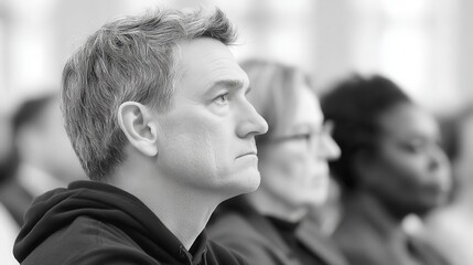 Close-up grayscale portrait of a thoughtful man in a gathering.